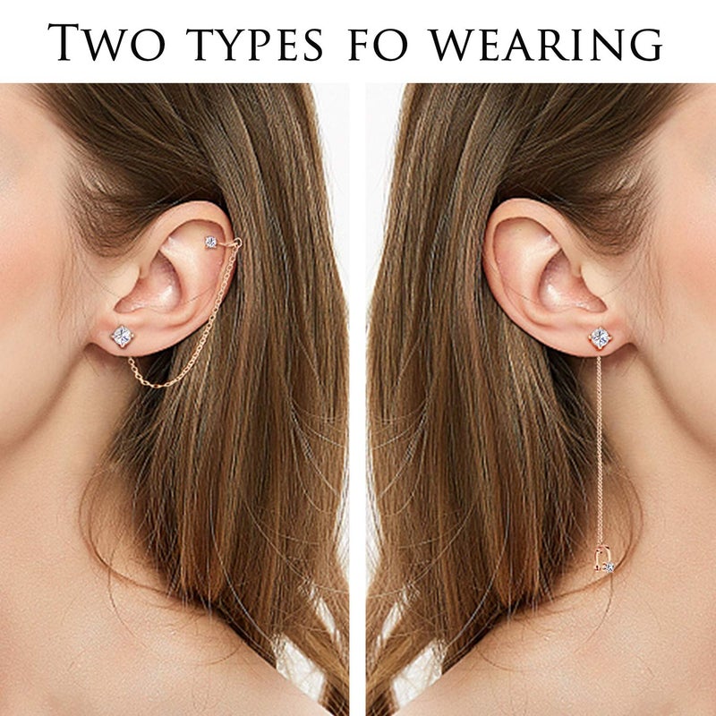 ELEDUCTMON Rose Gold Crystal Ear Cuff Earrings Chain - Sterling Silver Hypoallergenic Cubic Zirconia Ear Cuff Rhinestones Drop Dangle Earrings 2 in 1 earrings Piercing Jewelry Gift for Women - Image 3